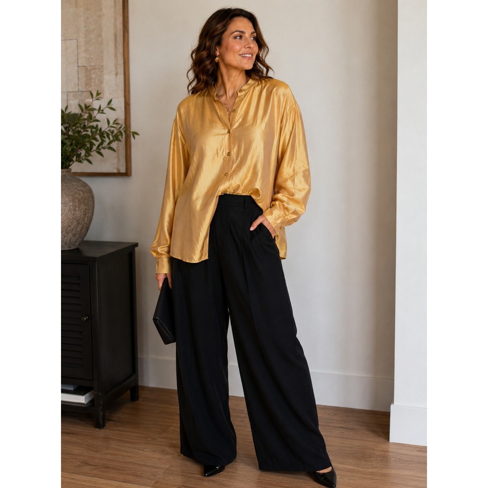 Avenue Womens 100% Silk Gold Iridescent Mandarin Collar Blouse Plus Size 22/24
